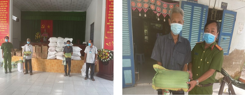 Công an xã Tân Tiến, thành phố Vị Thanh, tỉnh Hậu Giang trao quà cho các hộ nghèo và cận nghèo trên địa bàn