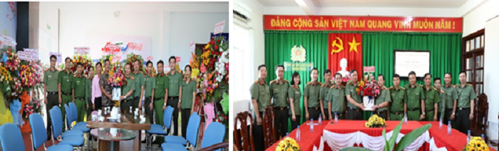 Đồng chí Đại tá Nguyễn Văn Thắng tặng hoa chúc mừng Đài Phát thanh và Truyền hình tỉnh Hậu Giang (hình trái) và Phòng Công tác đảng và công tác chính trị Công an tỉnh (hình phải)